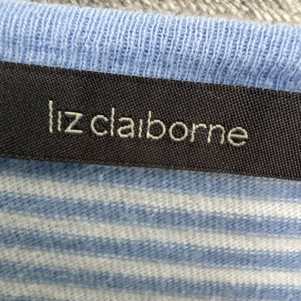 liz claiborne top large blue white stripe v neck short sleeve cotton - Picture 3 of 9
